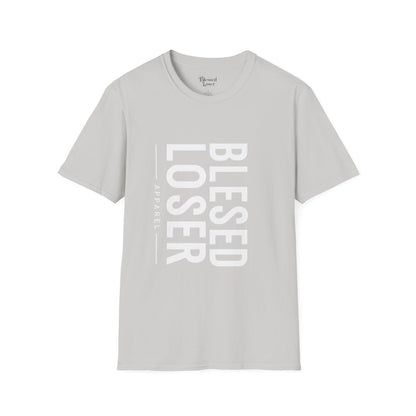 Blessed Loser T-Shirt | Vertical Bold Text Graphic Tee in light gray with bold white text design.