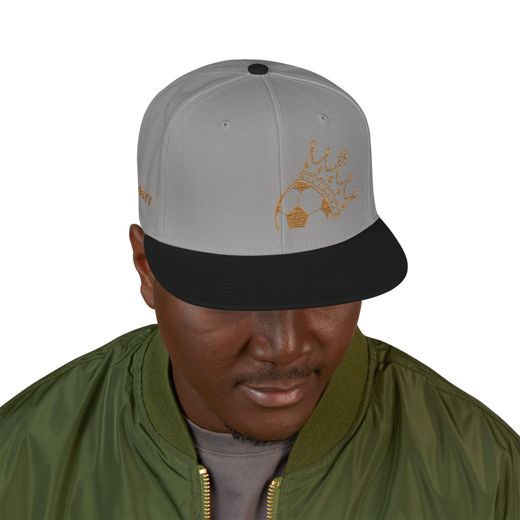 King of soccer Crown Snapback Hat — Bling Gold Crown Design (Black & Purple)