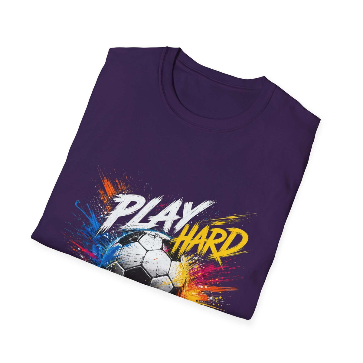 Soccer Splash T-Shirt — "Play Hard, Live" Colorful Football Graphic with vibrant splash-art design.