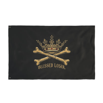 Double-Sided Blessed loser pirate flag featuring a crown and crossbones design on a black background.