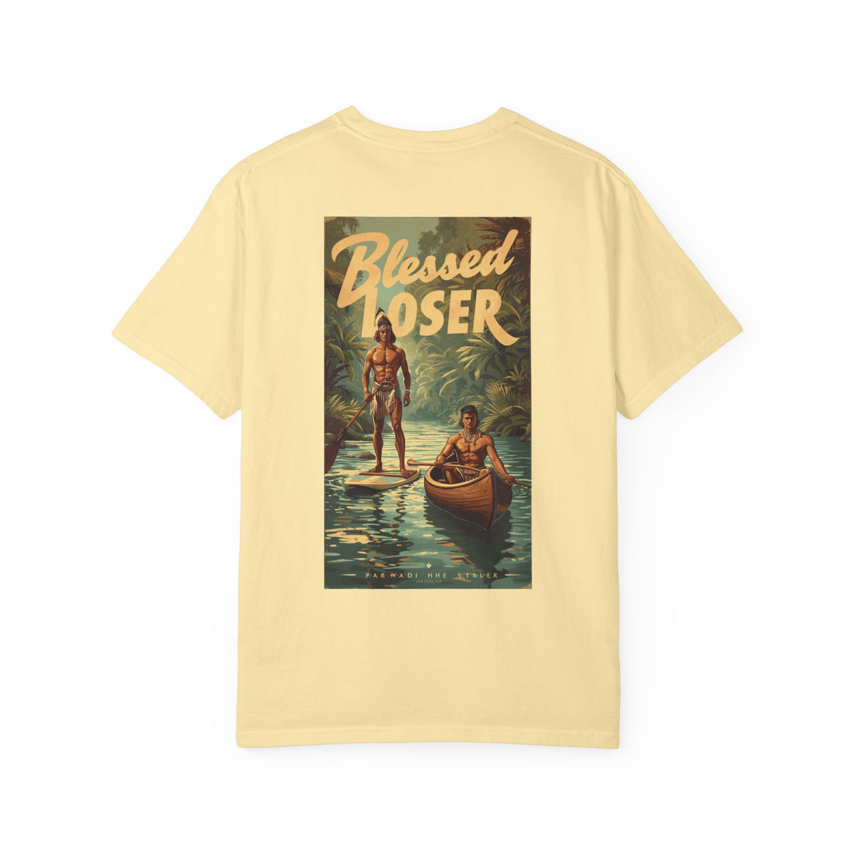 Back view of the Blessed Loser Unisex T-Shirt, River Trip in Banana color featuring a vibrant graphic design.