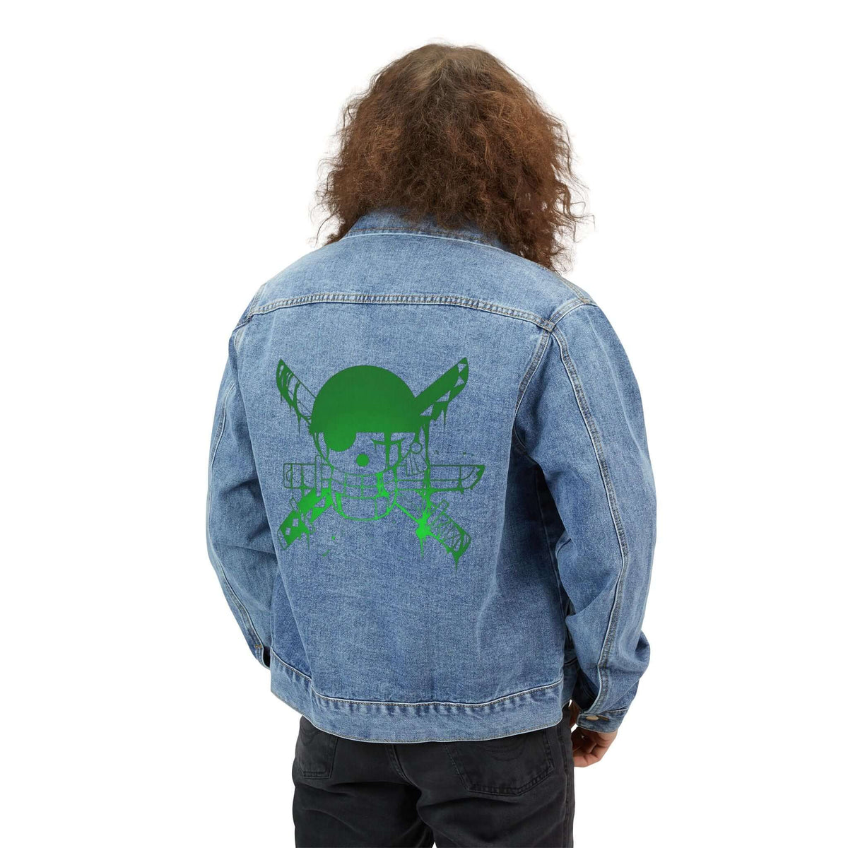Denim Jacket — Green Skull & Knives Backprint, Men's Casual Streetwear with a unique design on the back.