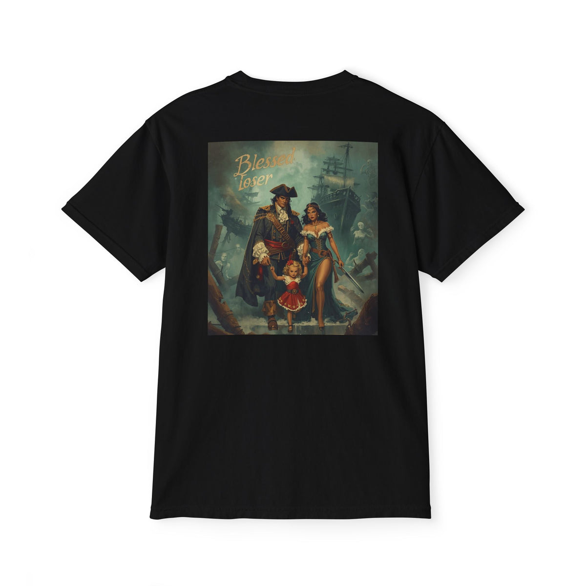 Blessed Loser Unisex Pocket T-Shirt, LUU black t-shirt featuring pirate-themed graphic design on the back.