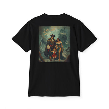 Blessed Loser Unisex Pocket T-Shirt, LUU black t-shirt featuring pirate-themed graphic design on the back.