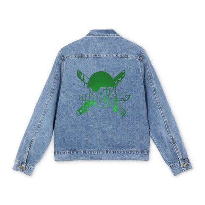 Denim Jacket — Green Skull & Knives Backprint, Men's Casual Streetwear in medium denim wash with graphic design on back.