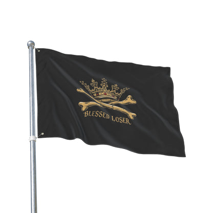 Double-Sided Blessed loser pirate flag waving on a flagpole, featuring a crown and crossbones design.