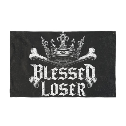 Blessed loser Black flag featuring crown and bone design, perfect for quirky outdoor decoration.