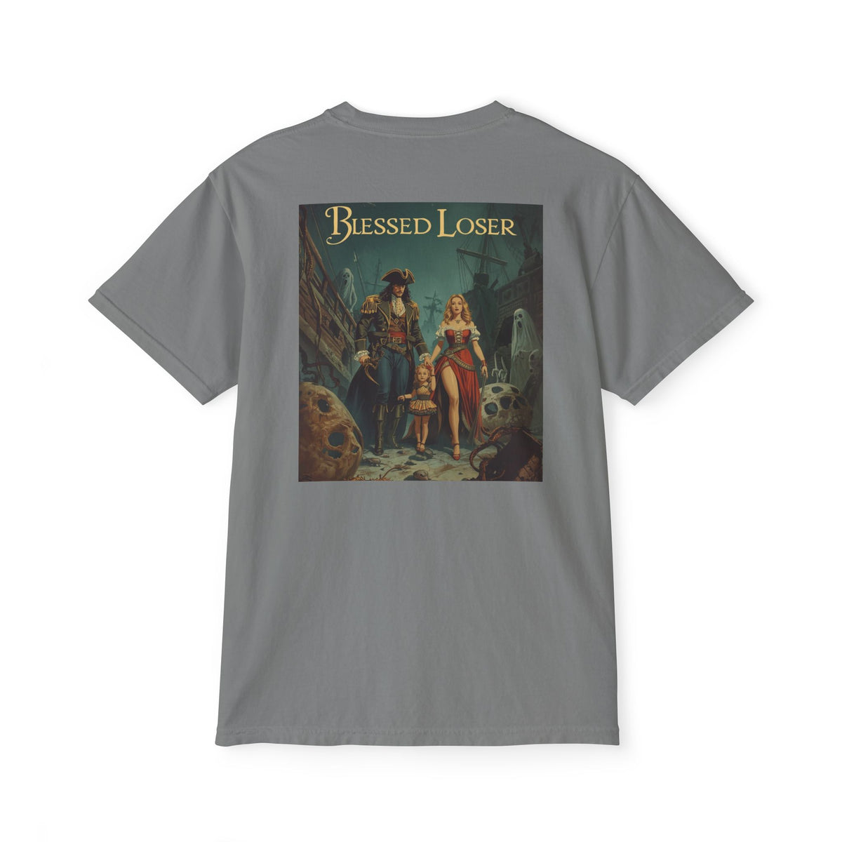 Blessed Loser Graphic Tee, LUU featuring vintage pirate illustration on a gray t-shirt.