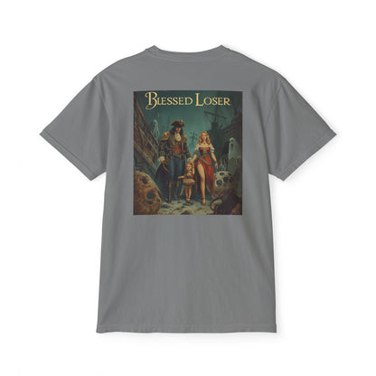 Blessed Loser Graphic Tee, LUU featuring vintage pirate illustration on a gray t-shirt.