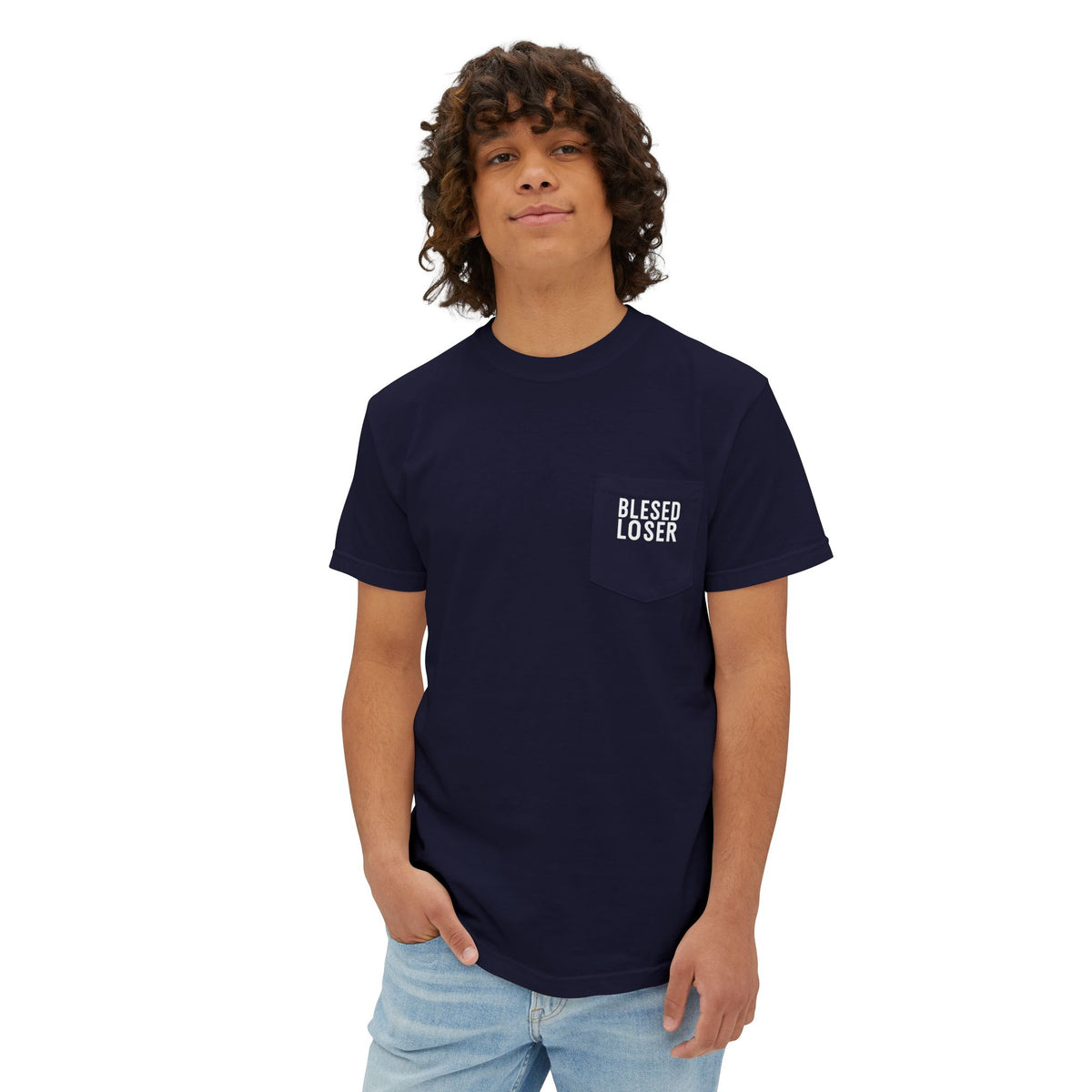 Bridge Burn Pocket T-Shirt - Blessed Loser worn by a model, showcasing the unique left chest pocket design.