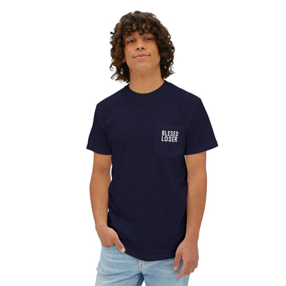 Bridge Burn Pocket T-Shirt - Blessed Loser worn by a model, showcasing the unique left chest pocket design.