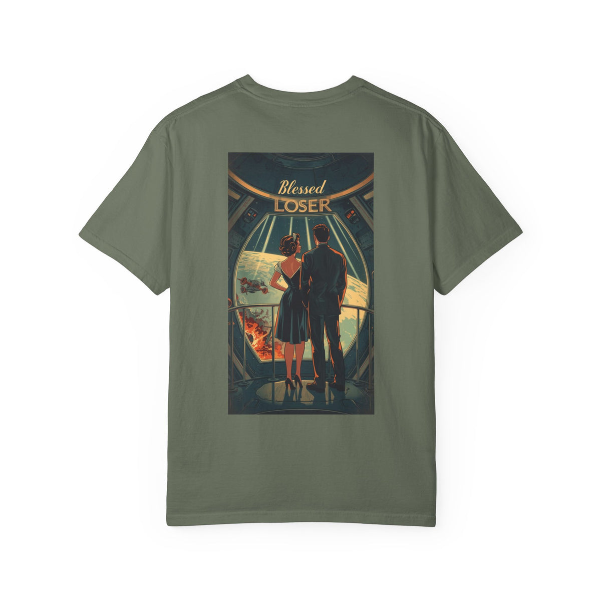 Retro Blessed Loser T-Shirt Comfort Colors in Moss, featuring a retro graphic design on soft fabric.