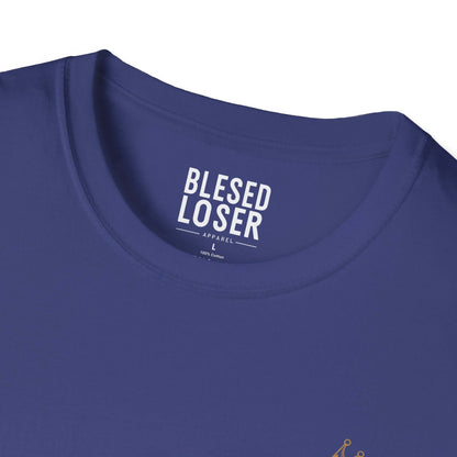Blessed to Lose, Honored to Win T-Shirt close-up of the crew neck label on a blue tee.