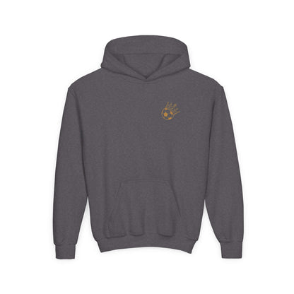 Spartans Youth Hoodie — South Georgia Spartans Soccer Team Logo in dark heather with kangaroo pocket and embroidered design.