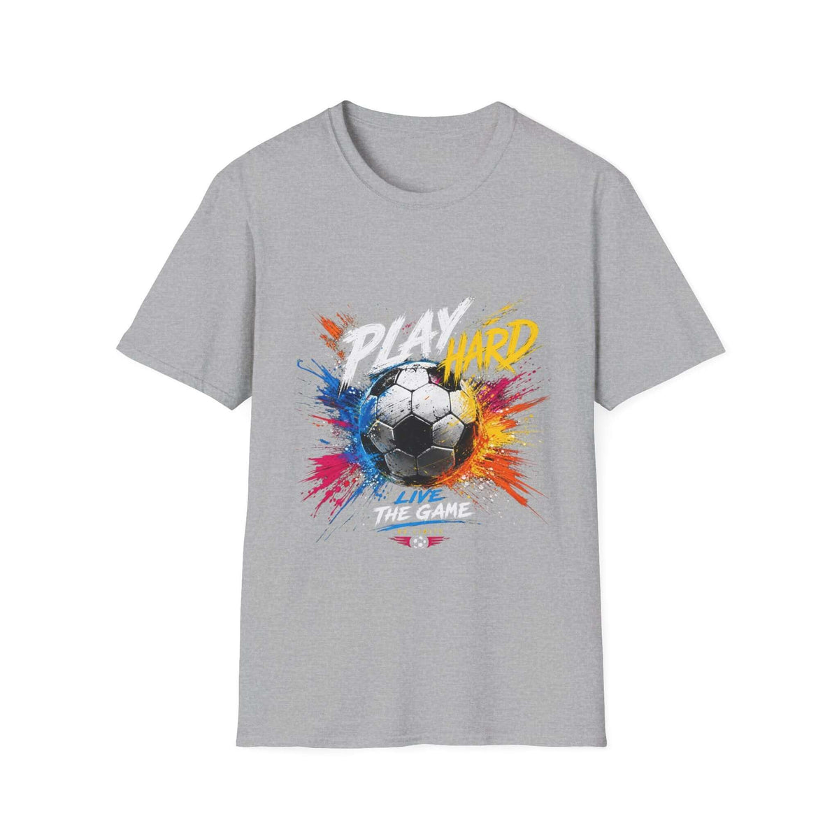 Soccer Splash T-Shirt — "Play Hard, Live" Colorful Football Graphic on Sport Grey background with dynamic splash-art.