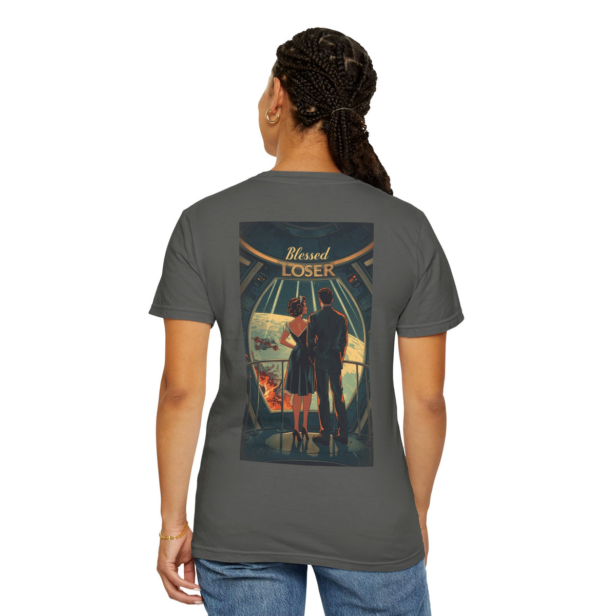 Retro Blessed Loser T-Shirt Comfort Colors displayed on a model, featuring artistic back design of a couple.
