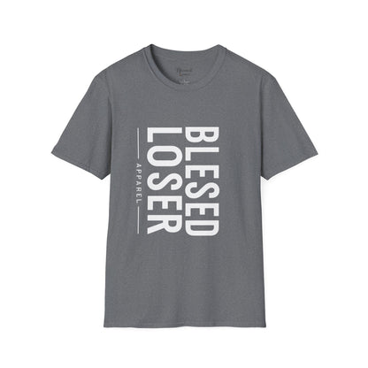 Blessed Loser T-Shirt | Vertical Bold Text Graphic Tee in gray with bold white text.