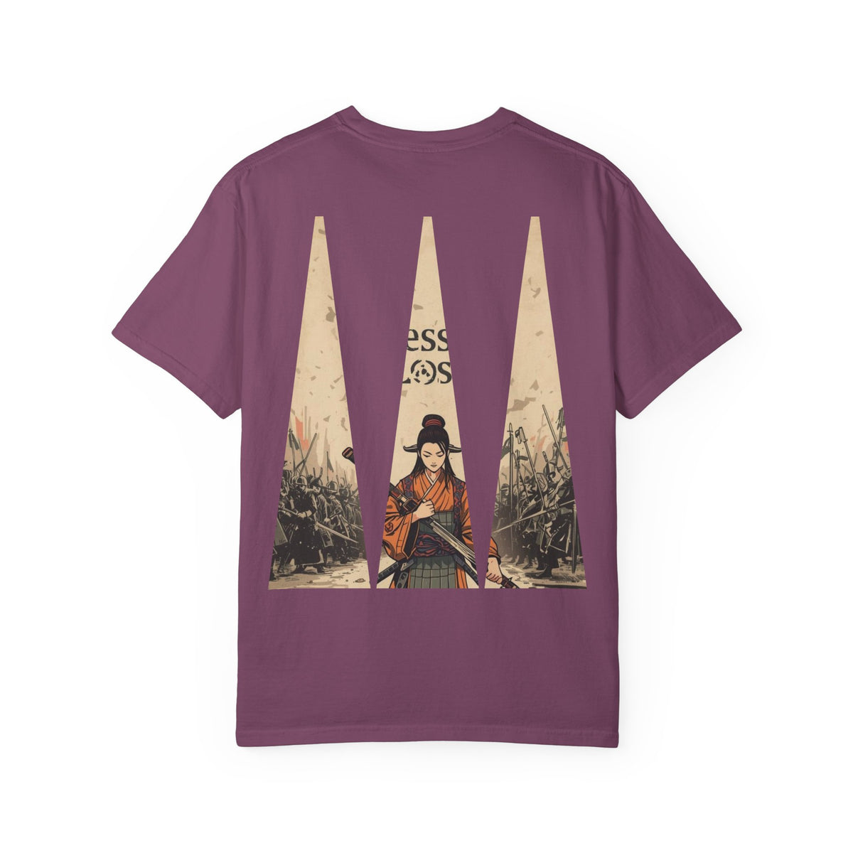 Blessed Loser T-Shirt — Vintage Samurai Triangle Back Print showcasing a vintage illustration on a berry colored tee.