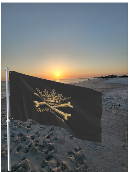 Double-Sided Blessed loser pirate flag waving at sunset on a beach, showcasing vibrant colors and unique design.